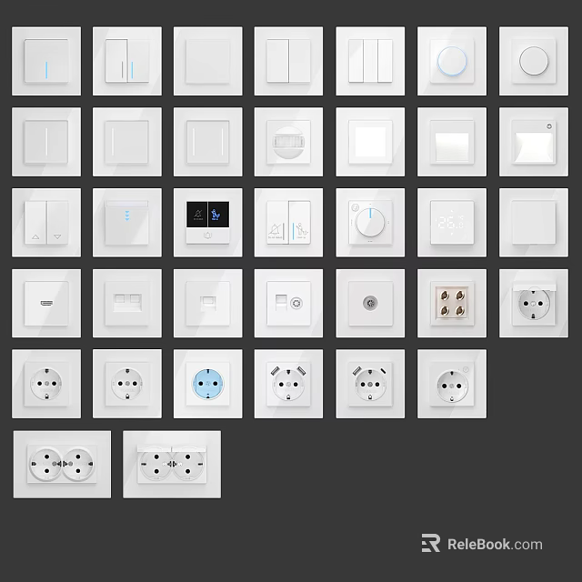 Various Types of Household Electrical Switches and Sockets with White Design for Modern Home Use 3d model 
