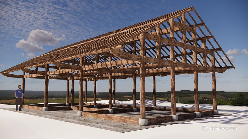 Industrial Construction Equipment Wooden Structural Frame with Beams Columns Concrete Foundations and Blue Sky 3d model 