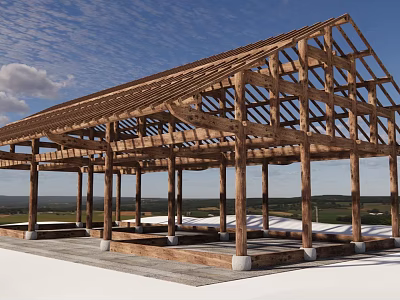 Industrial Construction Equipment Wooden Structural Frame with Beams Columns Concrete Foundations and Blue Sky 3d model