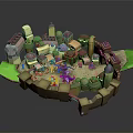 Cartoon 3D Village Scene with Playful Characters and Colorful Creatures Interacting Among Small Houses