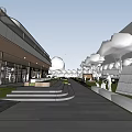 Modern Commercial Building Exterior With Open Plaza Pedestrians Greenery And Cloud Sculptures