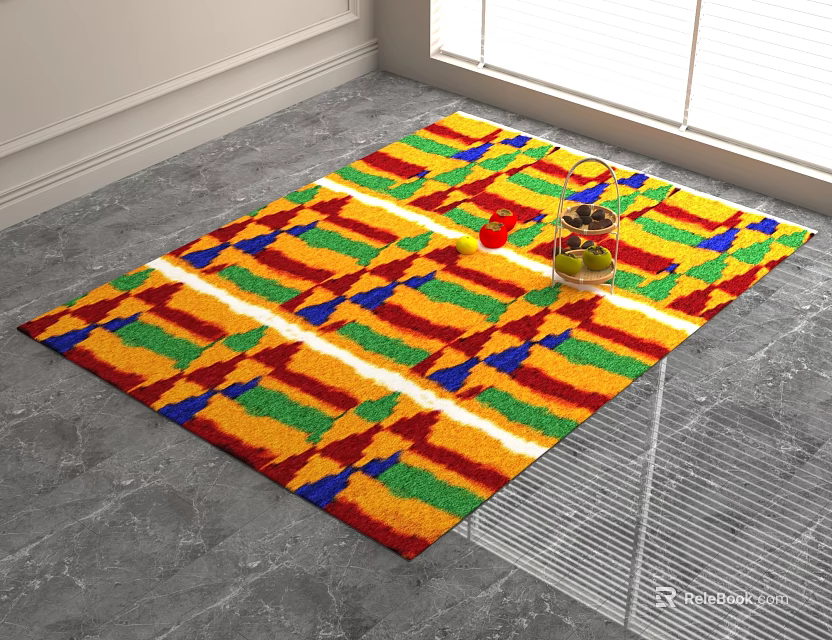 Vibrant Square Carpet With Colorful Geometric Patterns On Gray Floor Near Window 3d model 