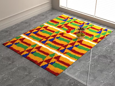 Vibrant Square Carpet With Colorful Geometric Patterns On Gray Floor Near Window 3d model