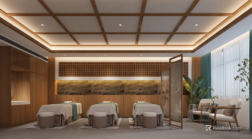 Beauty Hair Salon Interior With Treatment Beds Wooden Decor And Green Plants 3d model 