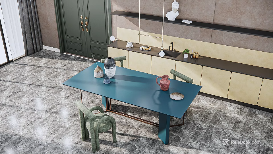 Blue Dining Table Set with Green Chairs and Decorative Items on Background Shelf 3d model 