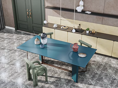 Blue Dining Table Set with Green Chairs and Decorative Items on Background Shelf 3d model