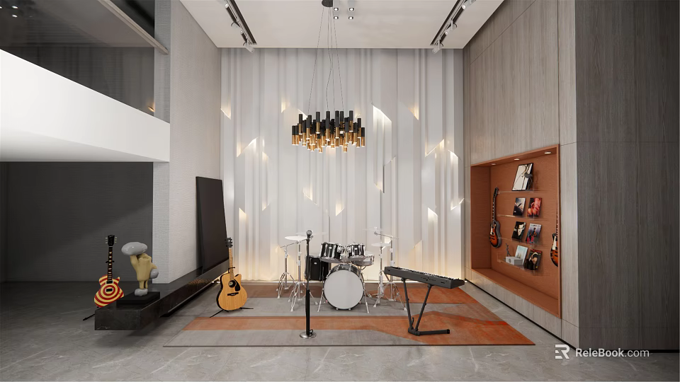Modern Entertainment Room Interior With Drum Set Guitar Keyboard Bookshelf Chandelier And Gray White Walls 3d model 