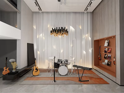 Modern Entertainment Room Interior With Drum Set Guitar Keyboard Bookshelf Chandelier And Gray White Walls 3d model