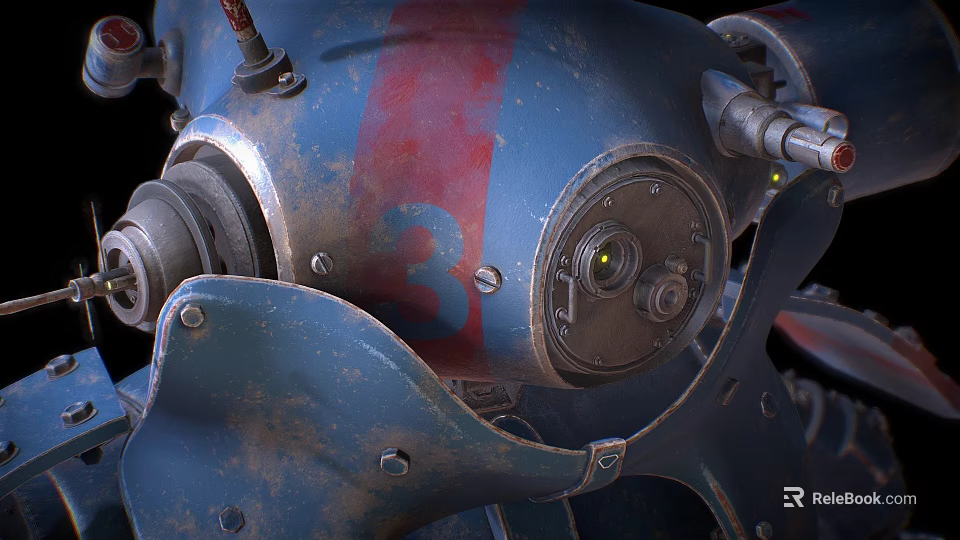 Blue And Red Worn Metal Mechanical Part With Number 3 And Pipes 3d model 