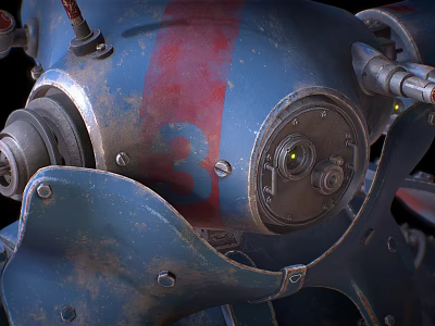Blue And Red Worn Metal Mechanical Part With Number 3 And Pipes 3d model