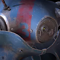 Blue And Red Worn Metal Mechanical Part With Number 3 And Pipes