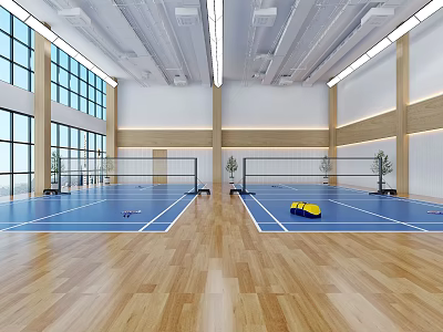 Indoor Basketball Gymnasium Featuring Blue Courts Wooden Flooring And Large Windows 3d model
