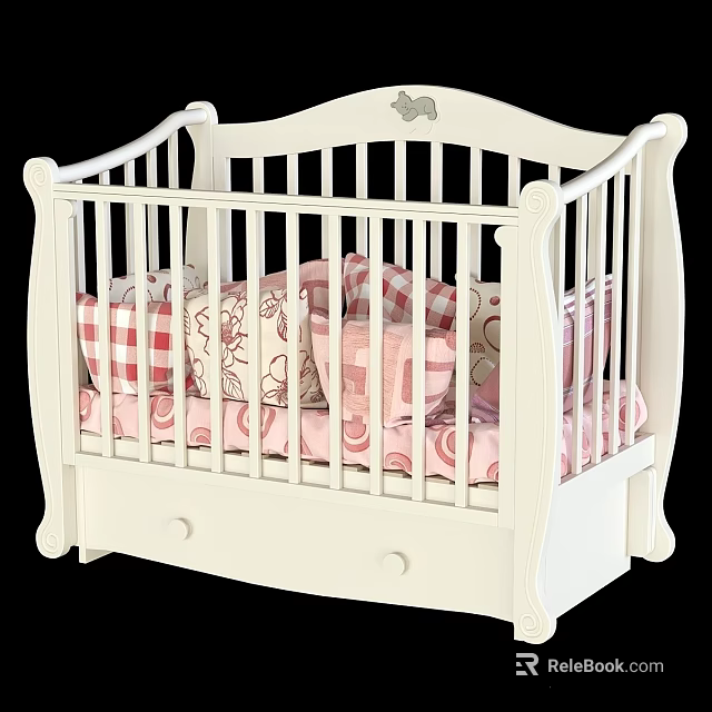 White Kids Bed with Railing Pink and Red Checkered Pillows and Storage Drawer 3d model 