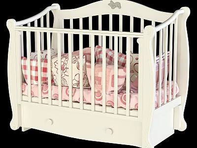 White Kids Bed with Railing Pink and Red Checkered Pillows and Storage Drawer 3d model
