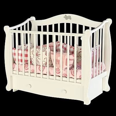 White Kids Bed with Railing Pink and Red Checkered Pillows and Storage Drawer 3d model