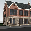 Semi Detached Villa With Red Brick Exterior Black Roof Balcony And Green Lawn Driveway