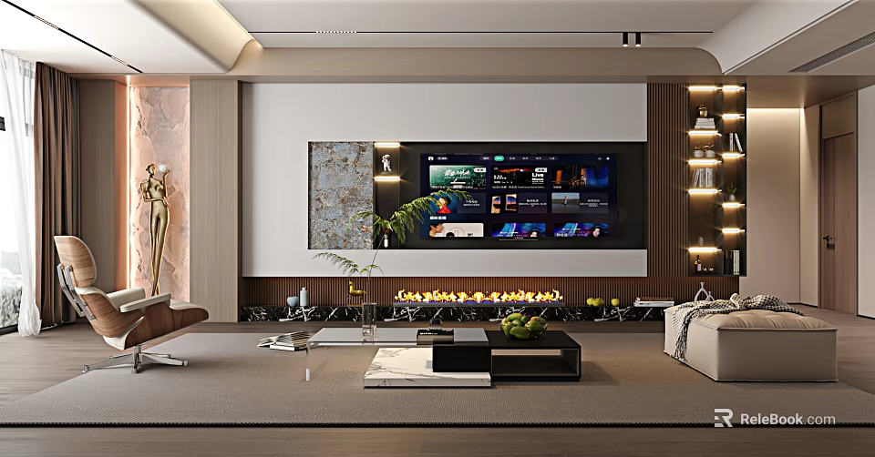 Modern Living And Dining Room Interior Design With TV Fireplace Sofa And Coffee Table 3d model 