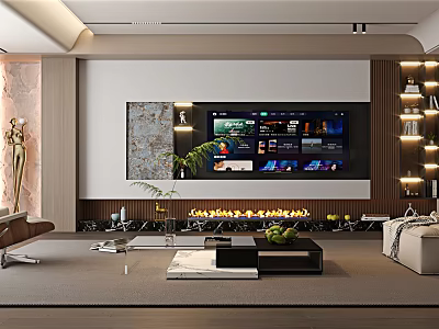 Modern Living And Dining Room Interior Design With TV Fireplace Sofa And Coffee Table 3d model