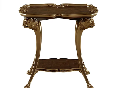 Ornate Brass Side Table With Carved Lion Head And Wooden Top 3d model