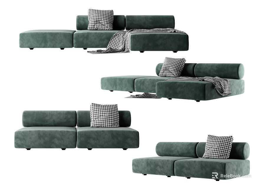 Modern Green Sectional Sofa Set With Checkered Pillows And Throw Blanket 3d model