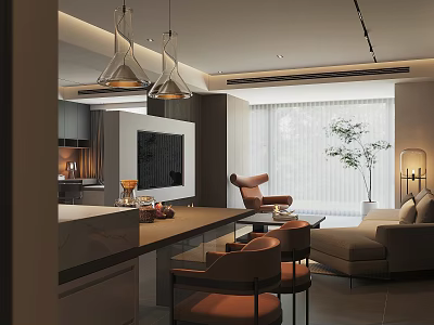 Modern Living and Dining Area With Sofa Dining Table Chairs And Pendant Lights 3d model