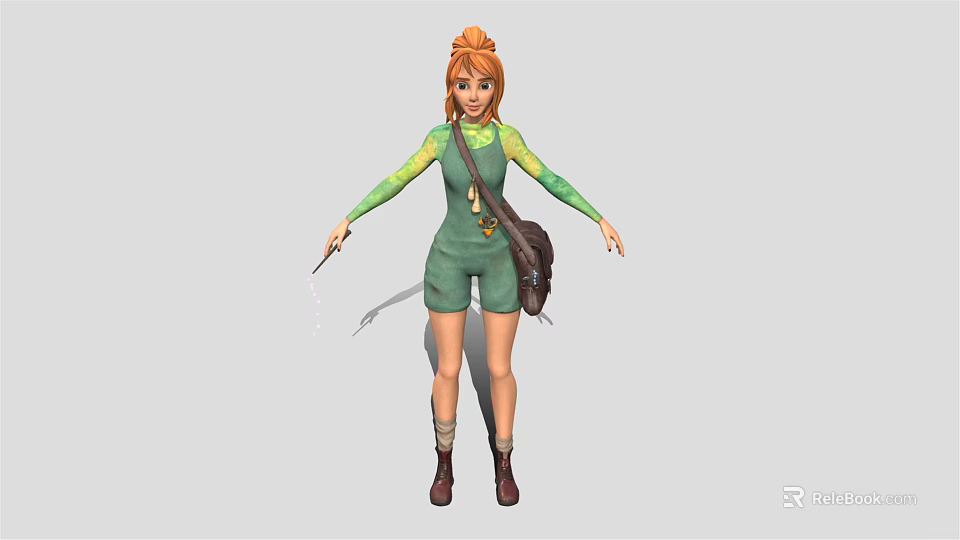 Animated Creature Character With Orange Hair Green Overalls Brown Boots And Bag 3d model 