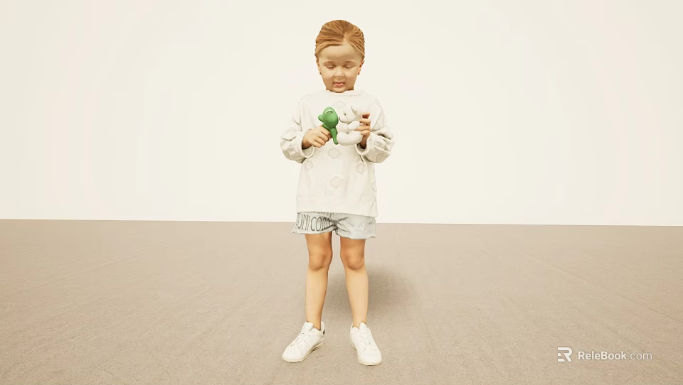Woman Holding Green Object And Stuffed Toy In White Top Grey Shorts And White Shoes 3d model 