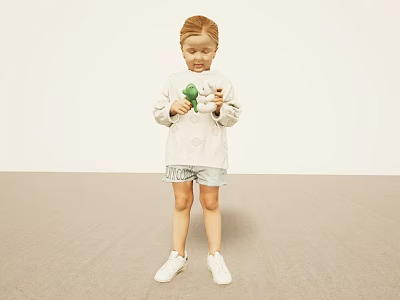 Woman Holding Green Object And Stuffed Toy In White Top Grey Shorts And White Shoes 3d model
