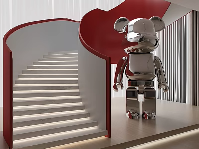 Modern Spiral Staircase With Red Curved Design Illuminated Steps And Silver Cartoon Bear Sculpture 3d model