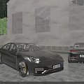 Two Gray Luxury Cars Parked Near Modern Building With Large Windows And Tree