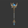 Ornate Golden Decorated Weapon With Blue Orb Top White Staff And Bottom Gem