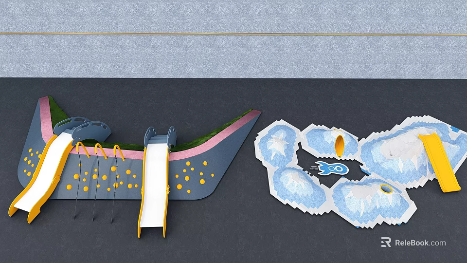 Fun Children’s Playground Equipment With Slide Blue Airplane Design And Snowflake Shaped Yellow Dot Decorations 3d model 