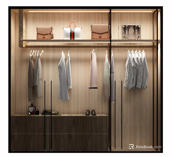Modern Wardrobe Interior Design With Hanging Clothes Bags On Shelf And Shoes 3d model 