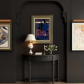 Elegant Console Table Interior With Dark Wall Vintage Posters Table Lamp And Flower Vase 3d model