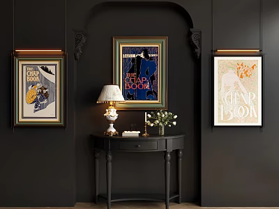 Elegant Console Table Interior With Dark Wall Vintage Posters Table Lamp And Flower Vase 3d model