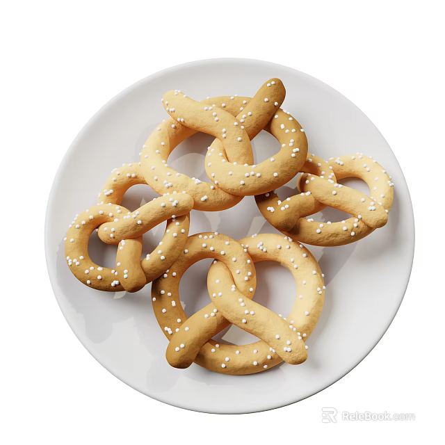 Golden Salted Pretzels Arranged On White Plate With Crispy Twisted Shape 3d model 