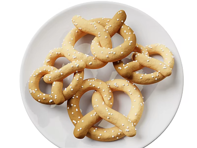 Golden Salted Pretzels Arranged On White Plate With Crispy Twisted Shape 3d model