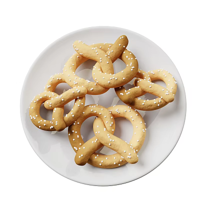 Golden Salted Pretzels Arranged On White Plate With Crispy Twisted Shape 3d model