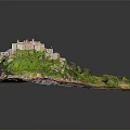 Ancient Castle on Green Hill With Red Roof Stone Walls and Lush Vegetation