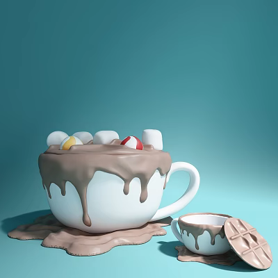 Hot Chocolate In White Mug With Dripping Chocolate Marshmallows And Waffle On Light Blue Background 3d model