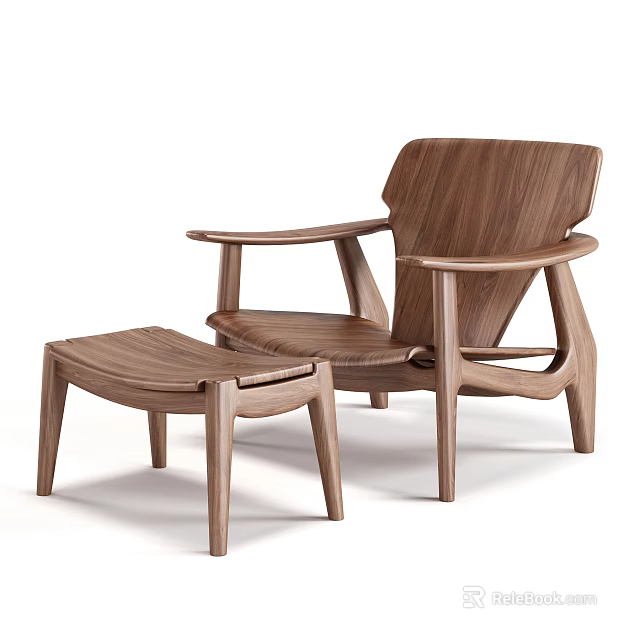 Modern Wooden Leisure Chair With Matching Ottoman And Walnut Wood Design 3d model 