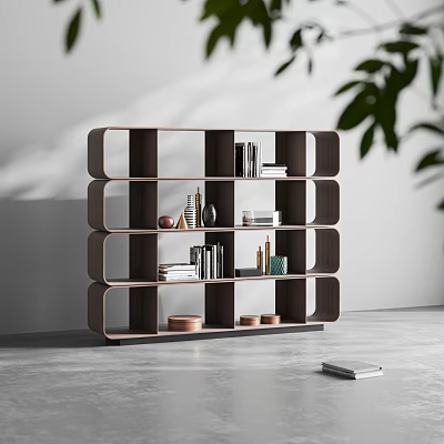 Modern Wooden Multi Tier Display Shelf Unit With Decor Items And Minimalist Design 3d model