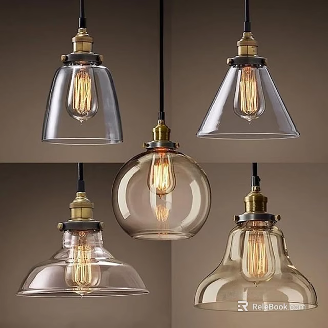 Vintage Glass Pendant Lights With Various Shapes Brass Bases And Exposed Bulbs For Interior Decor 3d model 