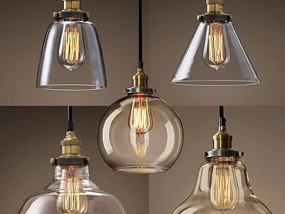Vintage Glass Pendant Lights With Various Shapes Brass Bases And Exposed Bulbs For Interior Decor 3d model