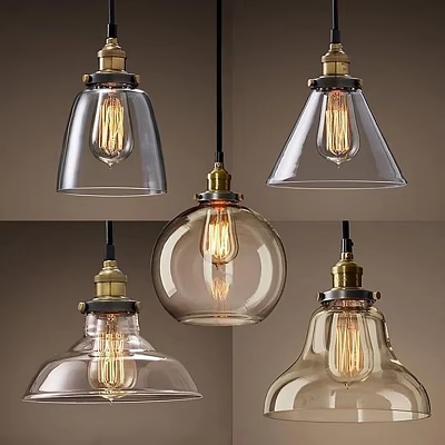 Vintage Glass Pendant Lights With Various Shapes Brass Bases And Exposed Bulbs For Interior Decor 3d model