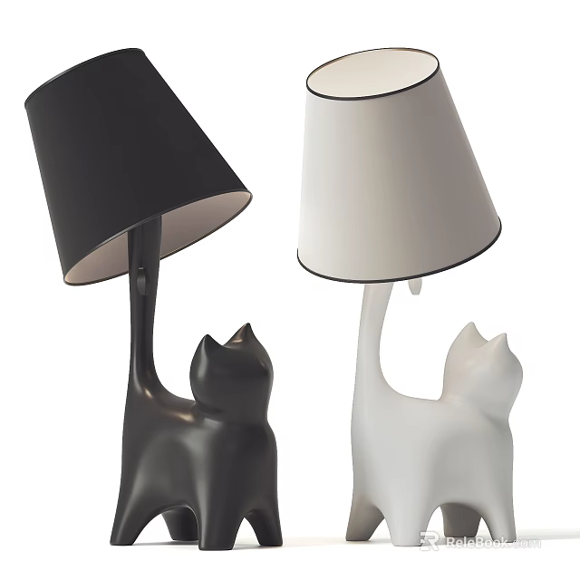 Stylish Cat Shaped Table Lamps in Black and White with Decorative Lampshades 3d model 