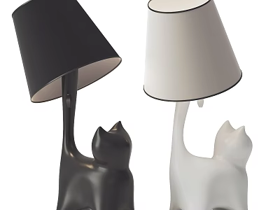 Stylish Cat Shaped Table Lamps in Black and White with Decorative Lampshades 3d model