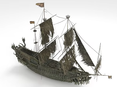 Ancient Sailing Ship With Tattered Sails Detailed Wooden Hull Carvings And Weathered Flags 3d model