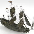 Ancient Sailing Ship With Tattered Sails Detailed Wooden Hull Carvings And Weathered Flags