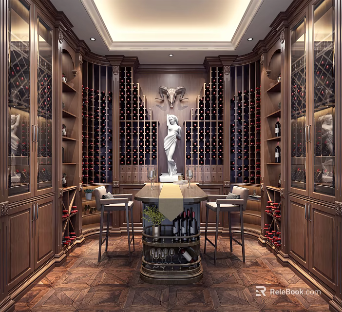 Luxurious Wine Cellar with Wooden Wine Racks Center Table Chairs and Statue Decor 3d model 